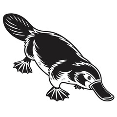 Silhouette depiction showcases a swimming platypus with distinct bill and webbed feet in monochrome