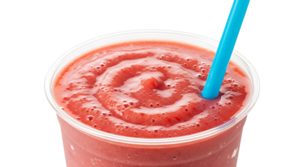 Enjoying Red Fruit Smoothie with Blue Straw in Plastic Cup