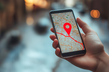 Mobile phone with red location pin in hand, ideal for navigation and digital map theme