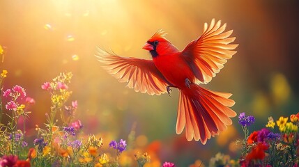 A vibrant cardinal soars amidst a field of wildflowers. Sunlight streams through the scene, illuminating the bird's bright plumage and the colorful blossoms