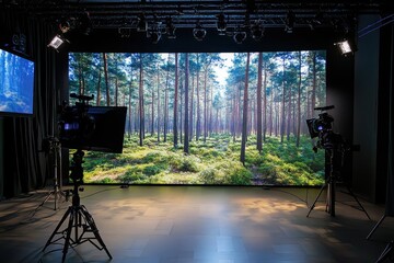 Virtual production studio showcasing a detailed forest simulation with advanced lighting and camera equipment for immersive storytelling experiences