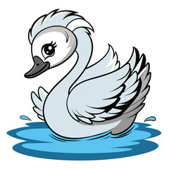 Cute cartoon vector illustration of a white swan or duck, a lovely bird swimming in water