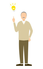 Senior man with idea pose, pointing finger and light bulb icon