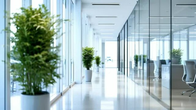 Modern office space a bright corridor with glass partitions and minimalist design. Bright lighting and a plant create a professional atmosphere. The blurriness of the image emphasizes the dynamics.