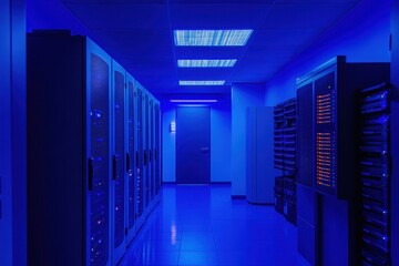 Fototapeta premium Modern server room illuminated by glowing blue lights with sleek cabinets and a secure door at the end of the hallway