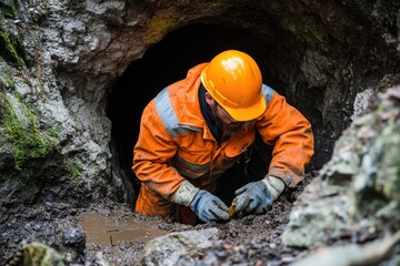 Construction worker inspects underground site for quality control and safety measures during excavation in an active construction project