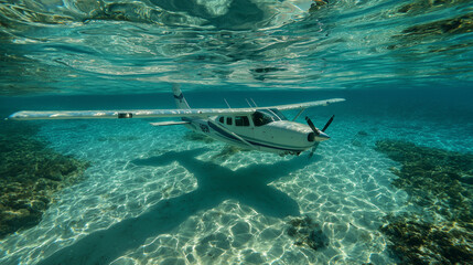 Naklejka premium Submerged airplane resting underwater in clear tropical sea.
