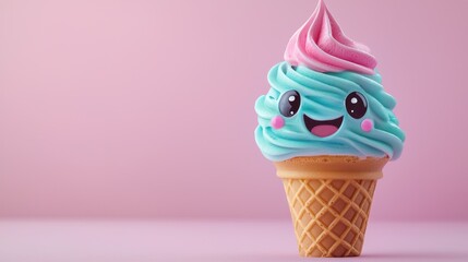 Cartoon ice cream cone on pink background