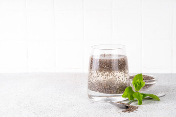 Chia seeds water, infused drink contains water, soaked chia seed, help for hydration, healthy...