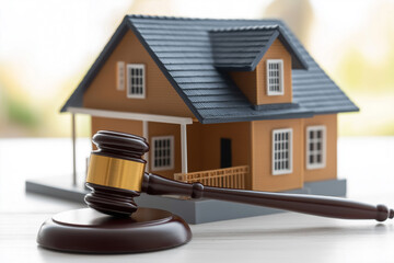House with gavel and justice scales on table, concept of property disputes and legal solutions