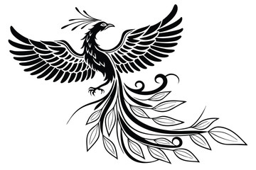 Black phoenix soars with outlined leaf tail feathers spread wide on white