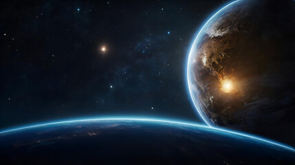 Fototapeta premium galaxy view with planets, city lights, and colorful nebula in space