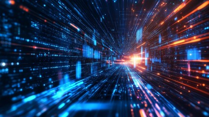 Obraz premium Futuristic high-speed light trails in cyberspace representing digital data transmission, advanced information technology infrastructure, and fast network connectivity in a virtual data center environm