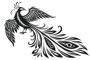 Black phoenix spreads its patterned wings elegantly on a white canvas in minimalistic line work