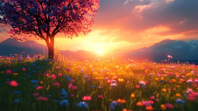 Vibrant meadow at sunset with a silhouetted tree and blooming wildflowers