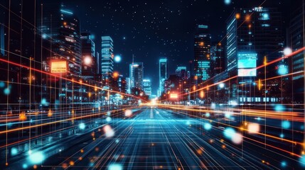 Futuristic cityscape with vibrant light trails showcasing advanced technological infrastructure