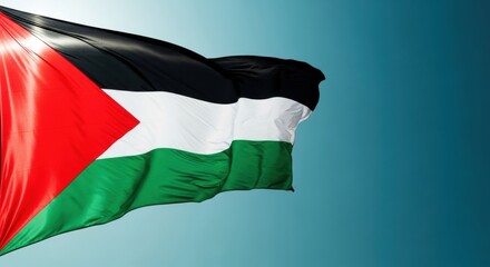 Waving palestinian flag against a clear blue sky representing national identity