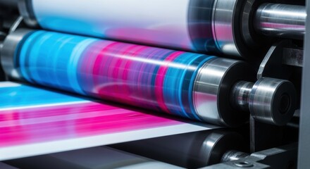 Industrial printing press rollers transferring vibrant ink onto paper at high speed