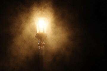 Streetlamp emits glow through dense fog on a quiet evening