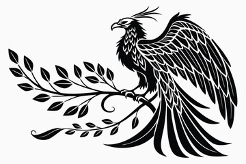 Isolated majestic phoenix perches proudly on a leafy branch in detailed monochrome style