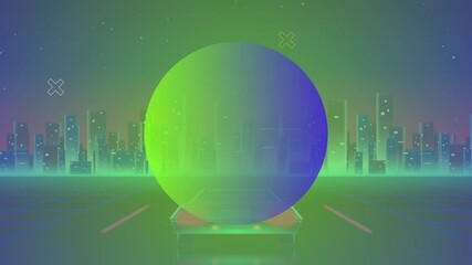 Emerging orb after pause from futuristic car on neon grid, showing floating icons against skyline - Powered by Adobe