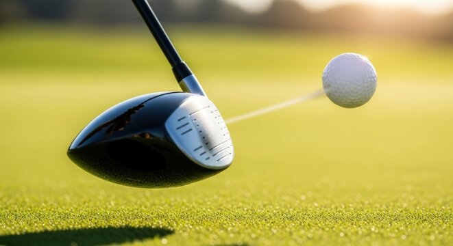 Dynamic shot of a golf club hitting a white golf ball in mid air over a green course