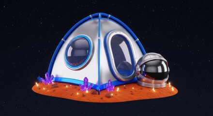 Futuristic space tent pod and astronaut helmet on a red planet surface