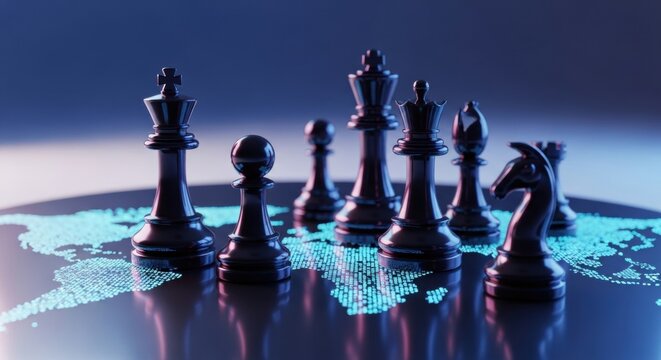 Black chess pieces on a glowing digital world map symbolizing global strategy and business.