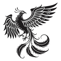 A majestic phoenix depicted in solid black soars gracefully into the open sky