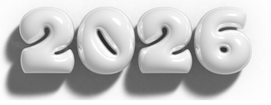 Happy New Year 2026 balloon bubble effect, 3D vector illustration isolated on transparent background, number 2026 in white inflatable letters