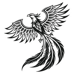 A detailed black and white Phoenix soars with ornate wings fully expanded upward