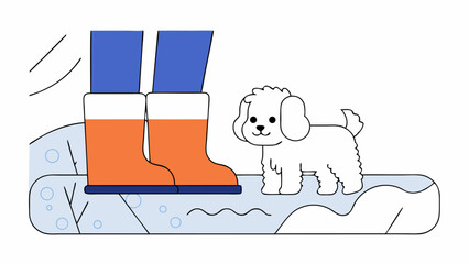 Person in Winter Boots with Small Dog on Icy Ground