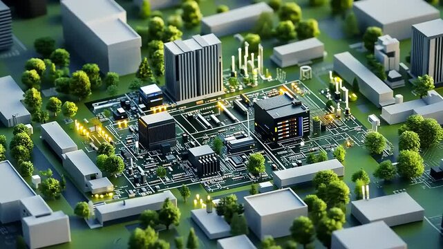 Aerial view of a futuristic cityscape featuring a high-tech microchip layout surrounded by greenery