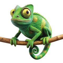 Cartoon illustration of a green chameleon perched on a branch with playful expression © BABLU AHAMMED 