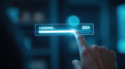 Loading progress bar with finger touching screen, symbolizing anticipation for year 2024. digital interface glows with futuristic design