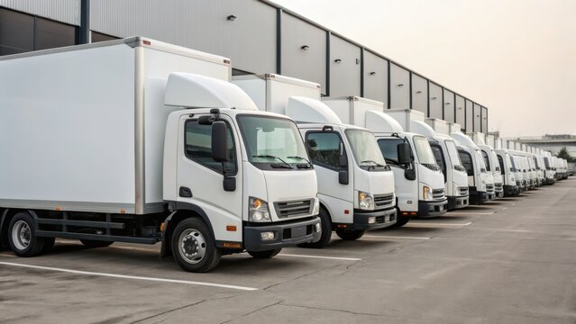 Oil price impact concept. A fleet of white delivery trucks lined up in a warehouse parking lot.