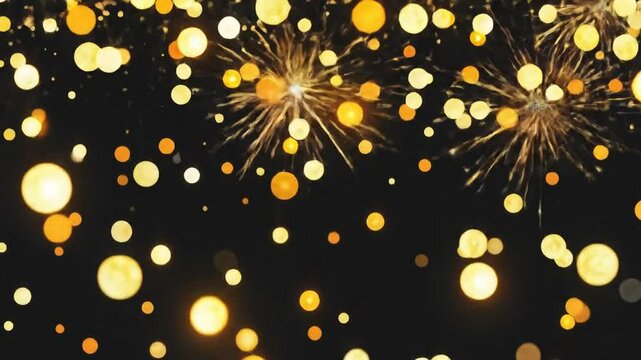 Golden Bokeh Sparkle Effect with Festive Fireworks on Black Background