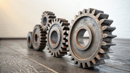 Oil price impact concept. Close-up of metal gears arranged on a wooden surface, showcasing industrial design and texture.