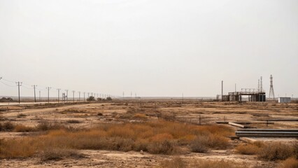 Oil price impact concept. Barren landscape with utility poles and infrastructure, under a gray sky.