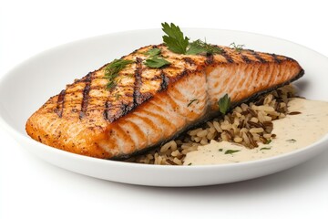A perfectly grilled salmon fillet with charred grill marks served atop a bed of wild rice pilaf, drizzled with a creamy dill sauce