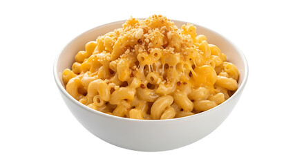 Serving Macaroni and Cheese with Crumb Topping in White Bowl