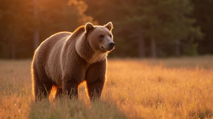 Fototapeta premium Majestic bear stands in sunlit meadow, surrounded by tall grass and trees, embodying beauty of nature