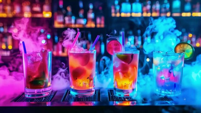 neonlit cocktail bar array of colorful drinks glowing under blacklight smoke and mist effects cyberpunk bartender mixing holographic cocktails.