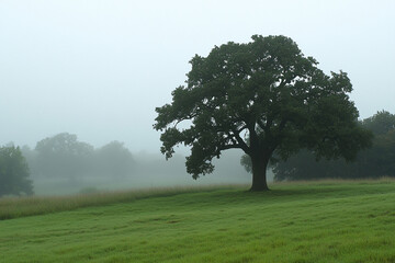Obraz premium Majestic tree stands alone in a misty forest landscape
