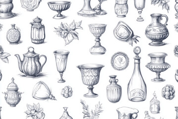 Black and white hand drawn vector illustration of a set of flowers in a vase with coffee and cake icons