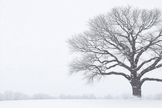 Snow-covered branches of a tree in a winter landscape