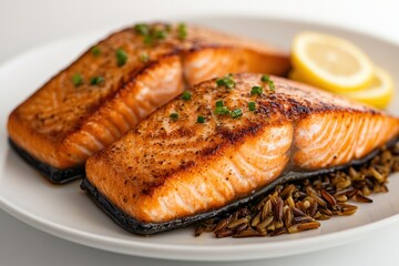 Close-up of a juicy salmon steak grilled to perfection, paired with colorful wild rice and a lemon butter sauce