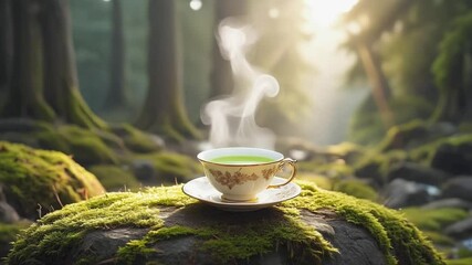 A steaming cup of green tea moss covered stone middle lush green forest, morning sun rays trees, ethereal steam rising curling delicate forest spirits, high detail, cinematic lighting, slow camera pan