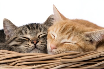 Close-up of two adorable small kittens nestled together in a natural wicker basket isolated on white background