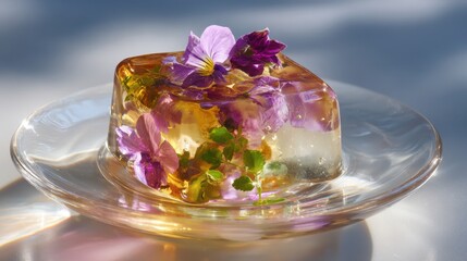 Floral Infused Gelatin Dessert with Edible Flowers on a Plate
